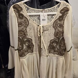 Free People Cream and Brown Lace Blouse
